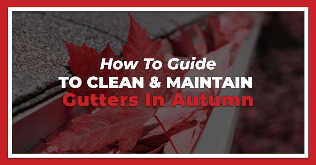 Image of gutters filled with leafs and How to Guide to Clean and Maintain Gutters in Autumn text