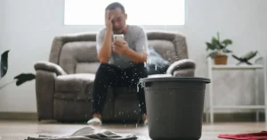 A man sitting on the sofa with a phone in hand and a stressed look on his face. In the foreground, a ceiling leaking into a bucket.