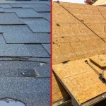 Roof repair vs. roof replacement shown on two different roofs.