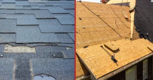 Roof repair vs. roof replacement shown on two different roofs.